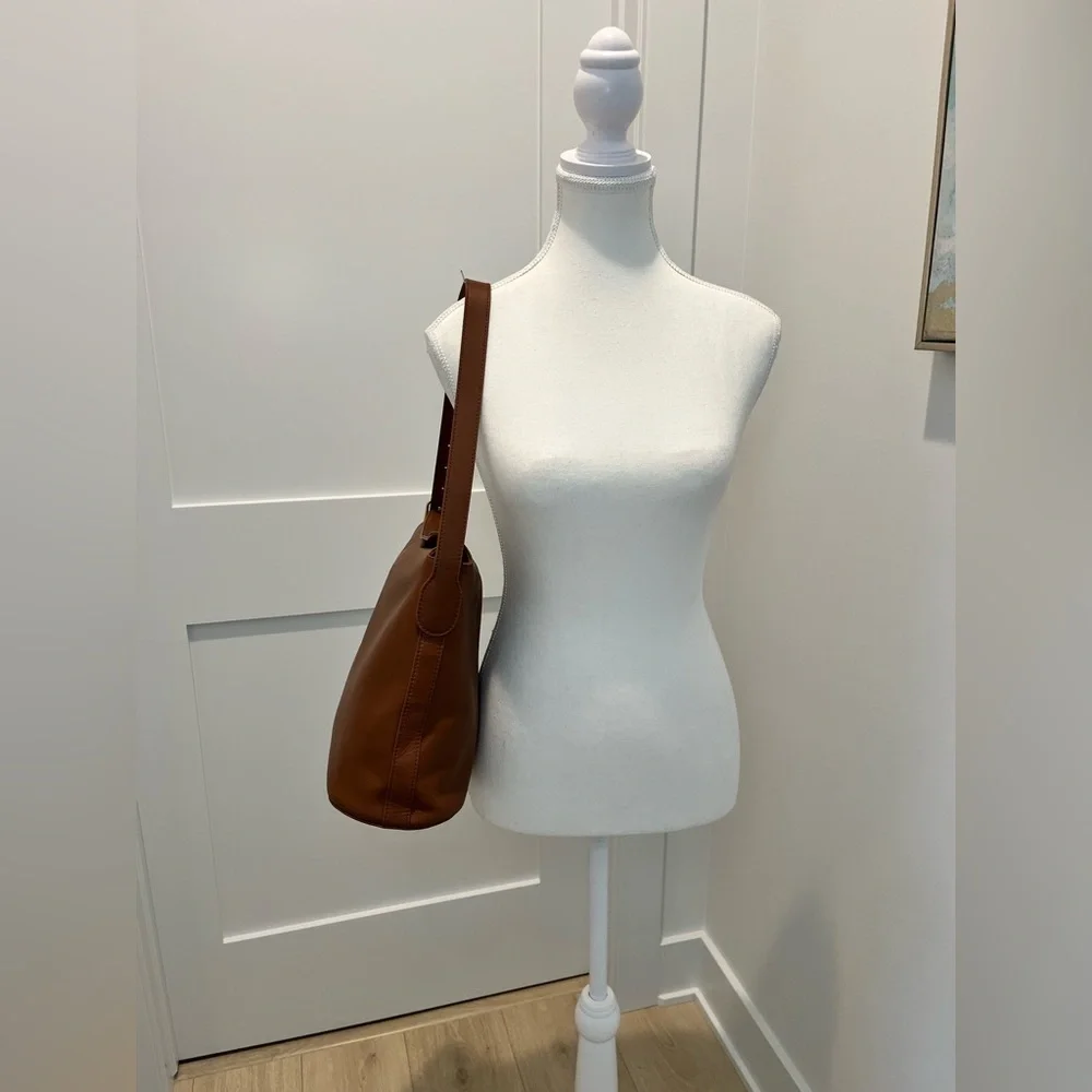 J. Crew Berkeley shoulder bucket bag in English Saddle Leather monogrammed SCL